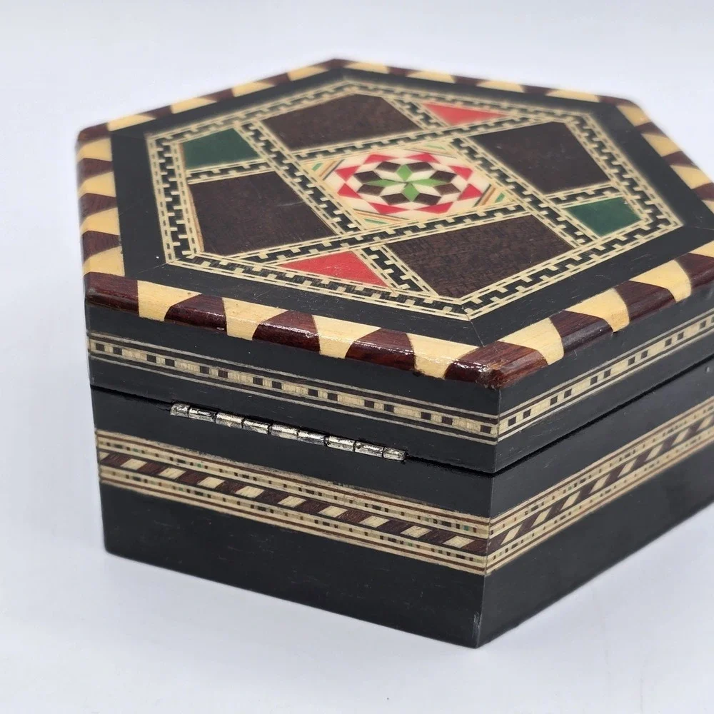 Vintage Moroccan Inlay‎ Wood Jewelry Box Geometric Marquetry Hexagon